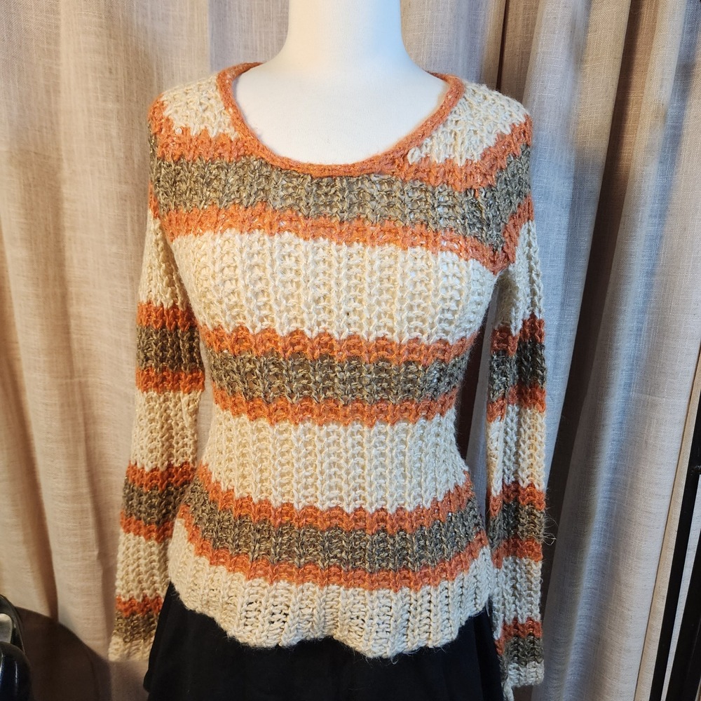 Ashley 26 International Y2K Open Knit Striped Sweater Metallic Fall Boho M
